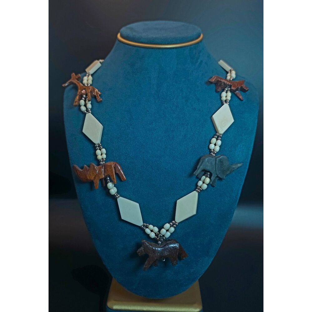 Vintage Hand-Carved Wood Safari Animal & Bead Necklace